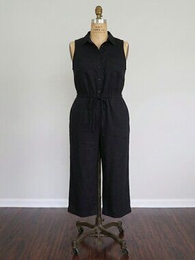 Plus Size Linen Blend Black Wide-leg Cropped Jumpsuit